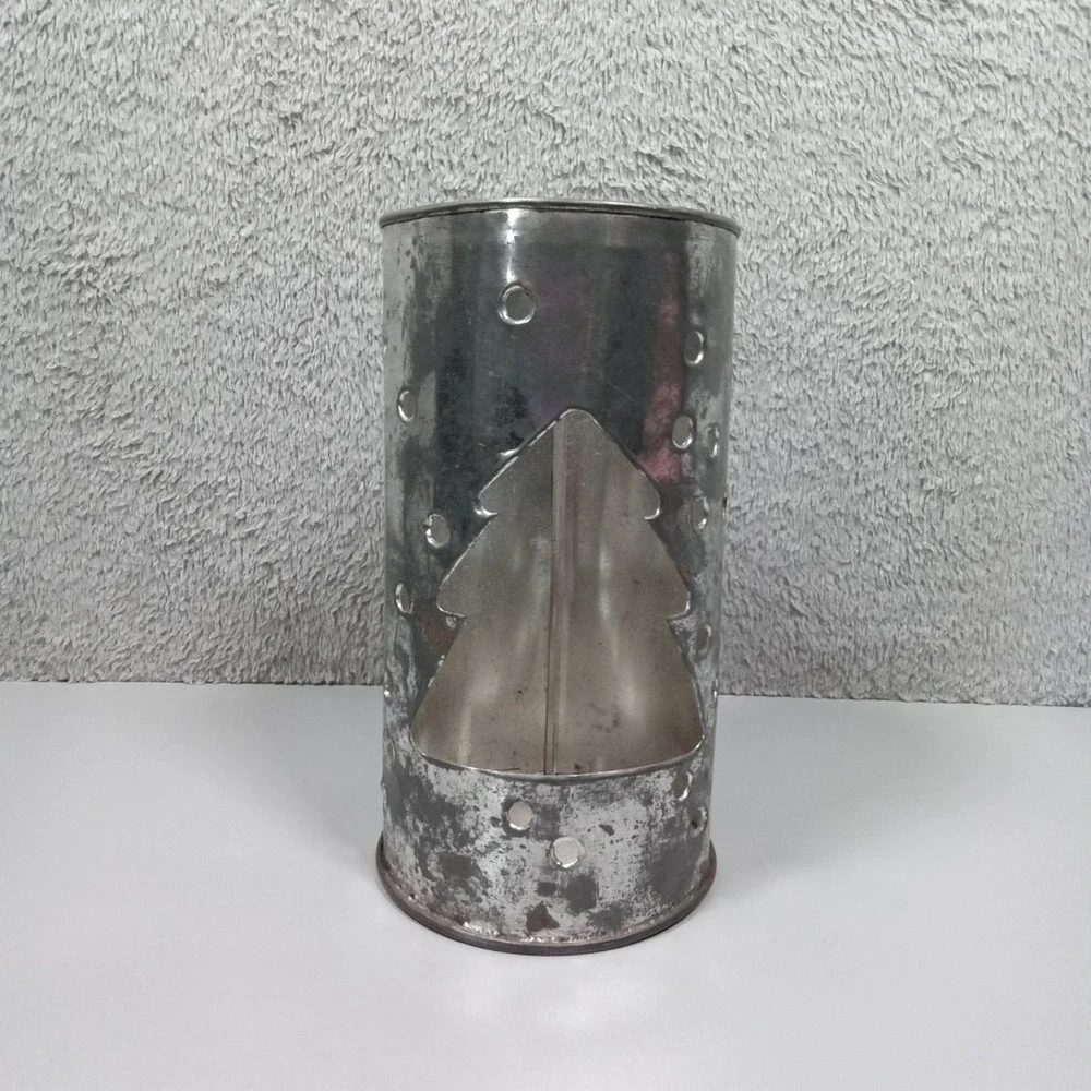 Rustic Punched Tin Christmas Tree Candle Holder Galvanized Metal‎ Lantern 7.75